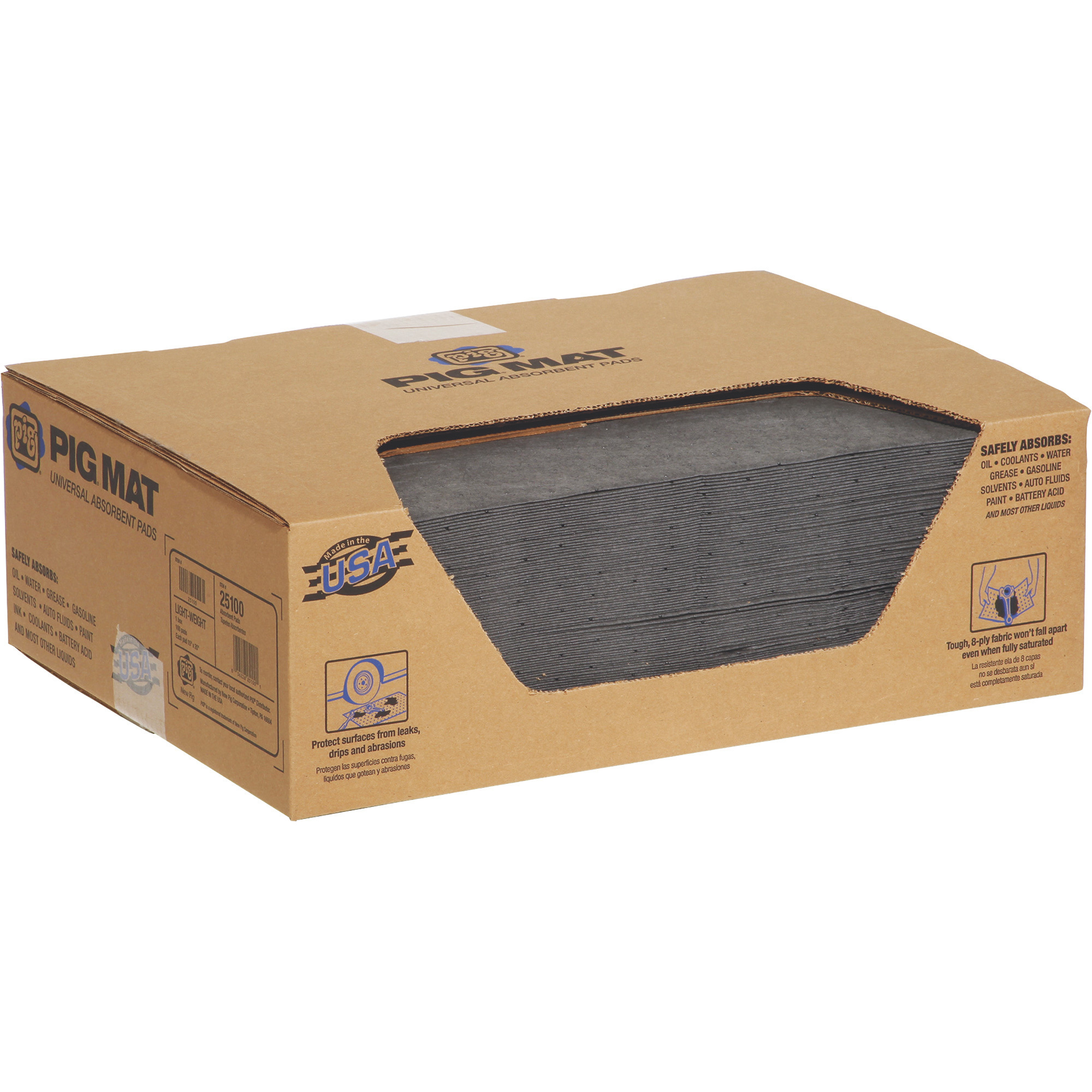 New Pig Universal Lightweight Absorbent Mat Pads with Dispenser Box, 100 Pads and Box, Model# 25100
